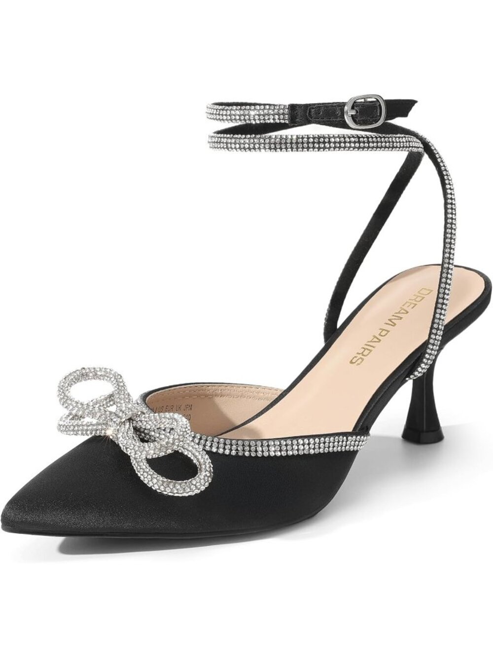 Women's Kitten Heels Rhinestone Bow Black Ankle Strap Pointed Close Toe Heels